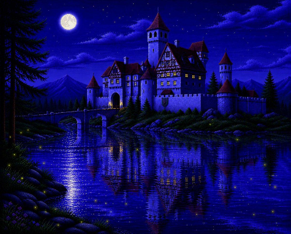 Moonlit Sierra-Style Castle Pixel Art - AI image template preview