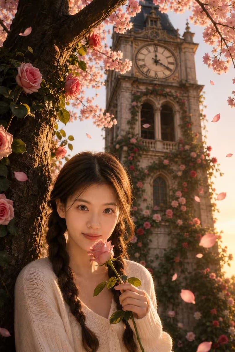 Sakura Rose Clock Tower Portrait - AI image template preview
