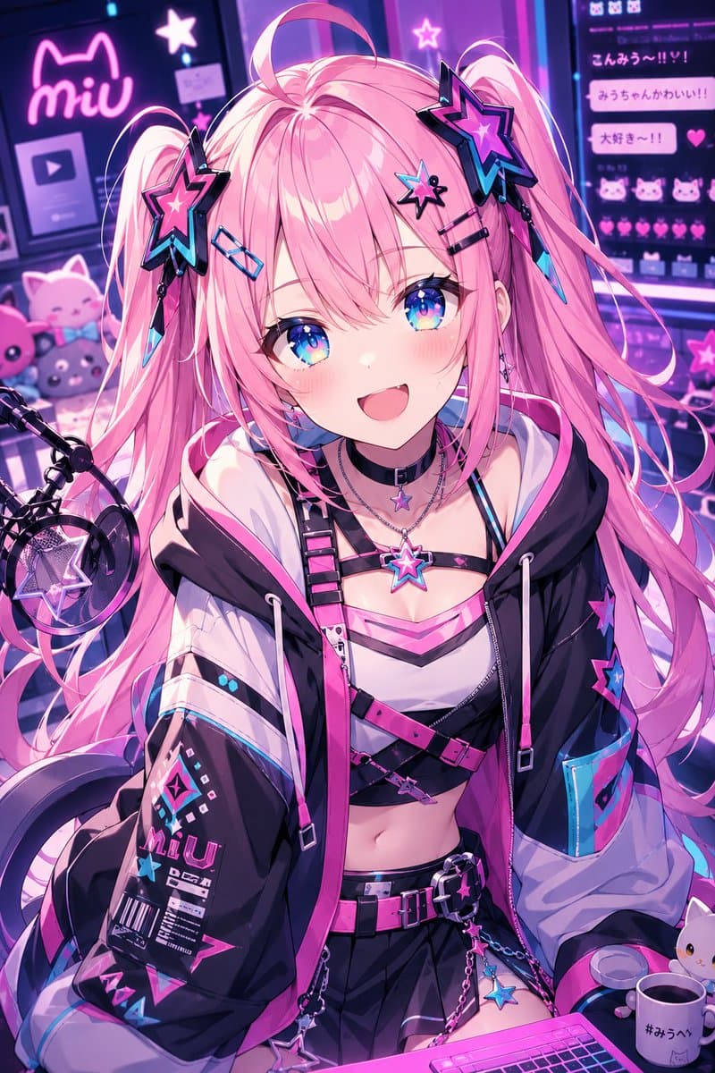 Neon Cyber-Kawaii VTuber Portrait - AI image template preview