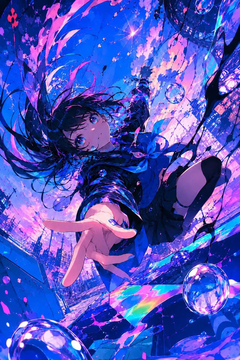 Neon Anime Girl Falling Through City Sky - AI image template preview