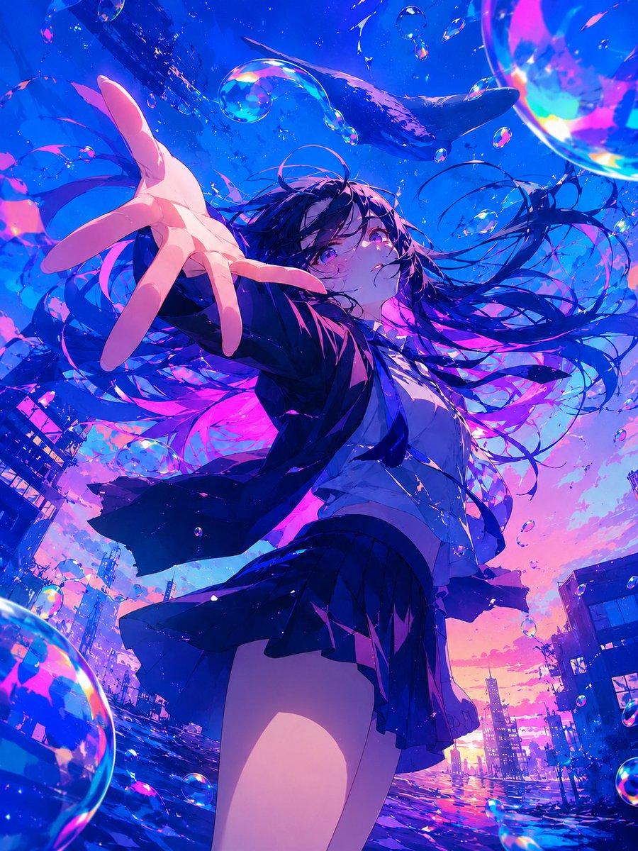 Surreal Anime Schoolgirl in Bubble Sky - AI image template preview