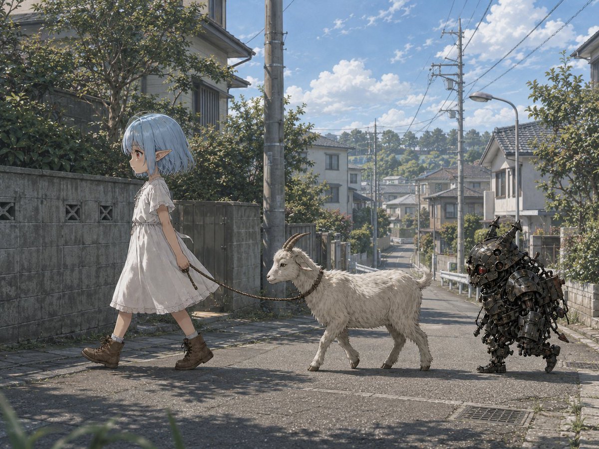 Elf Girl Walking Goat and Robot - AI image template preview
