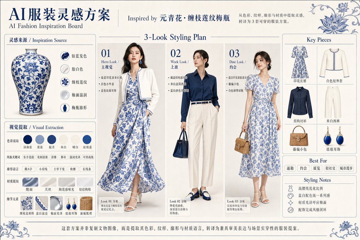 Blue Porcelain Fashion Inspiration Board - AI image template preview