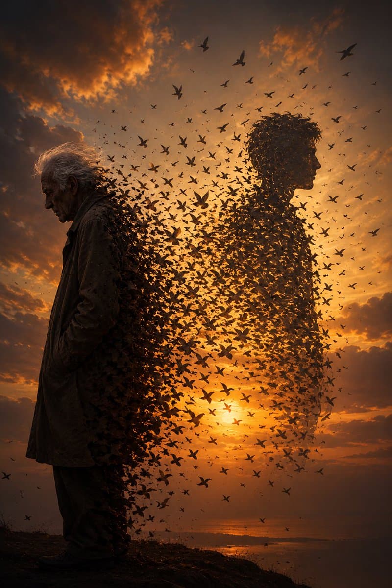Elderly Man Dissolving Into Birds - AI image template preview