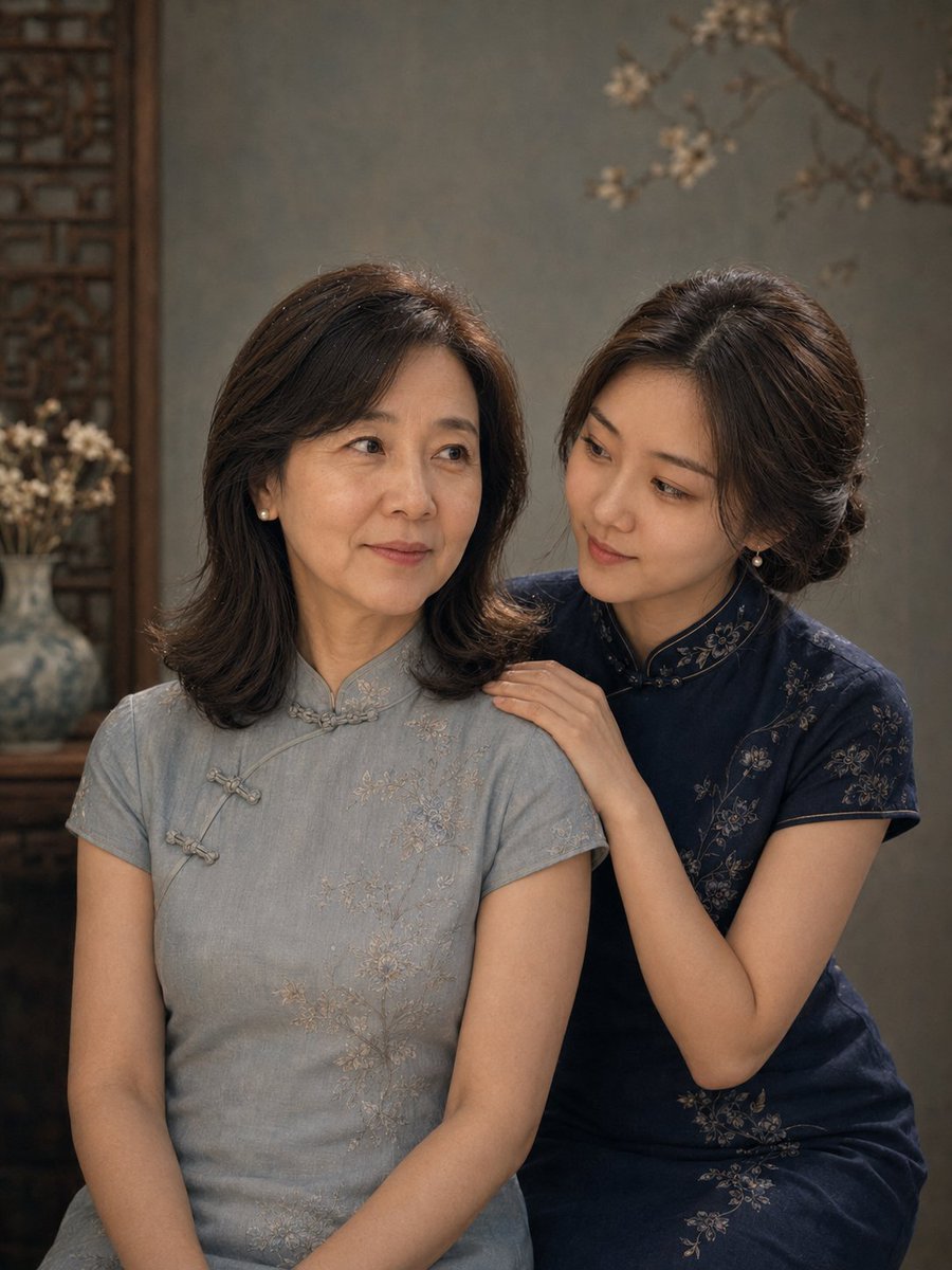 Vintage Qipao Mother and Daughter Portrait - AI image template preview