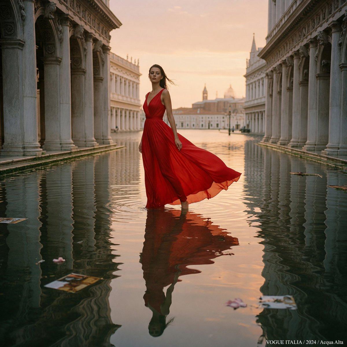 Crimson Gown in Flooded Venice - AI image template preview