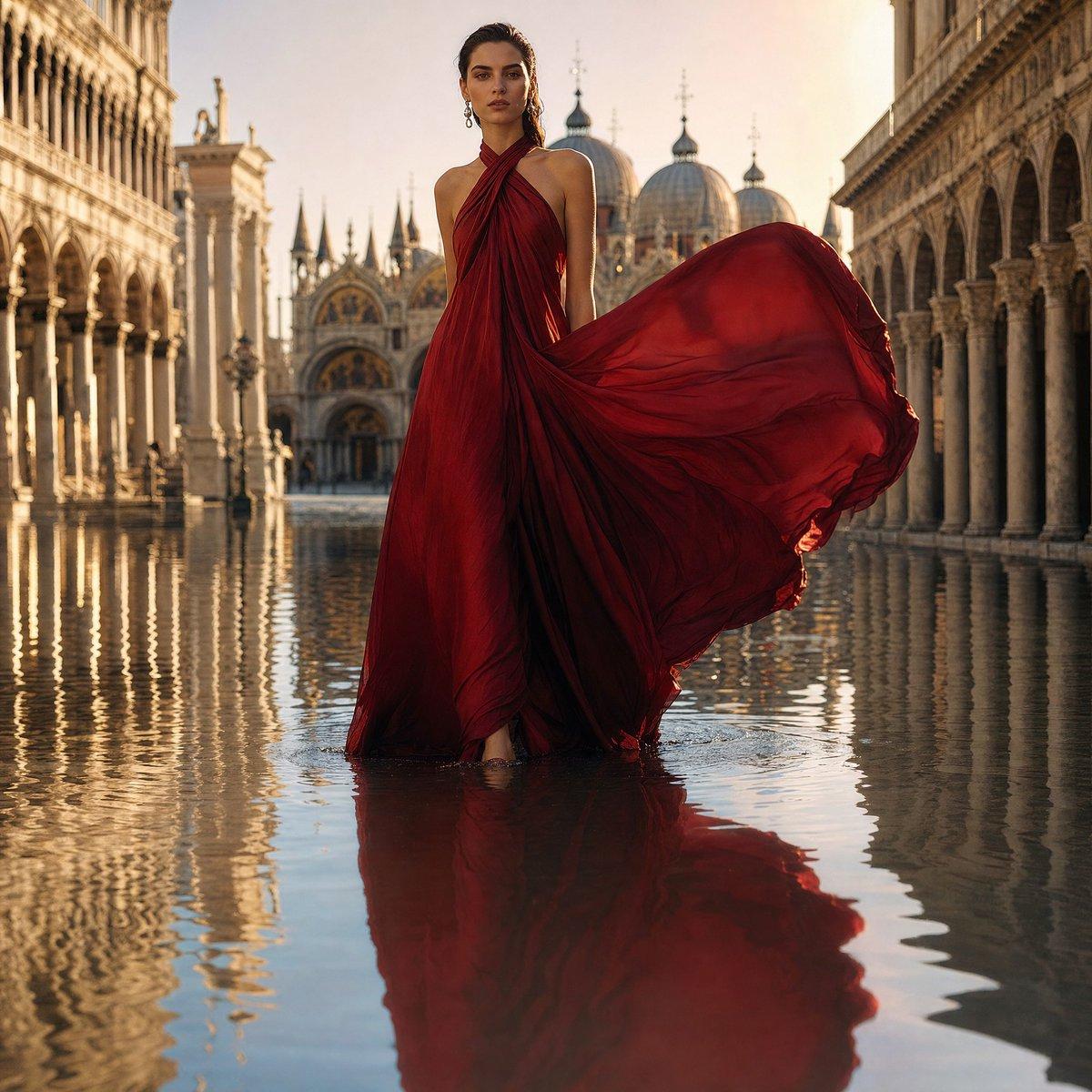 Crimson Gown in Flooded Venice - AI image template preview