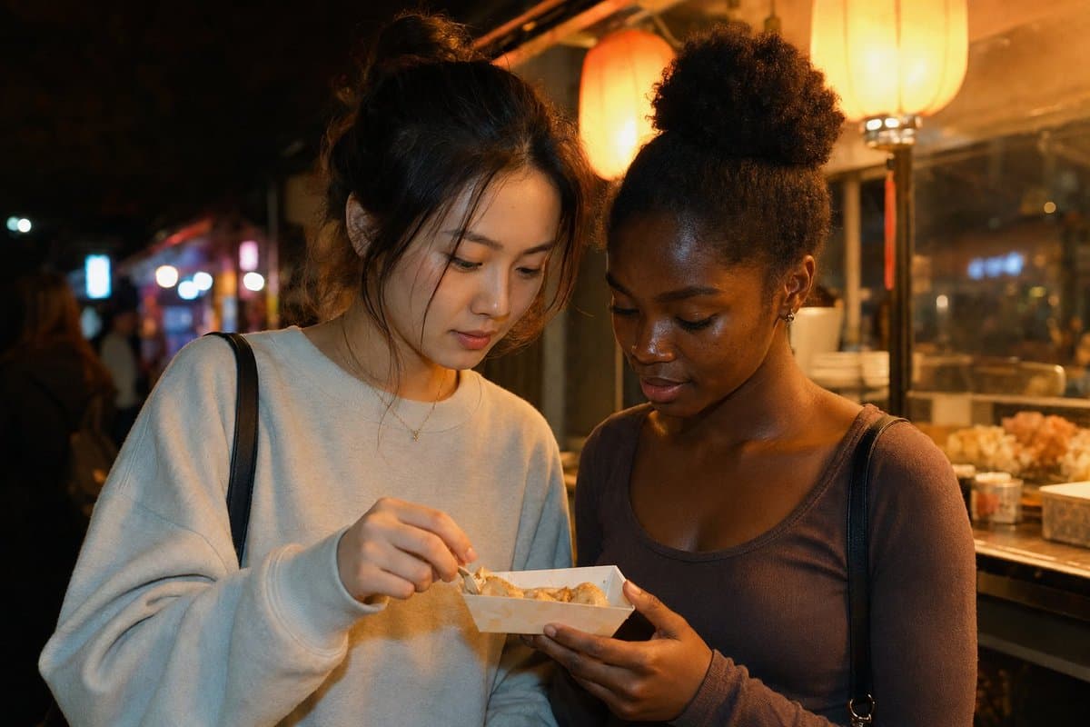 Candid Night Market Food Stall Friends - AI image template preview