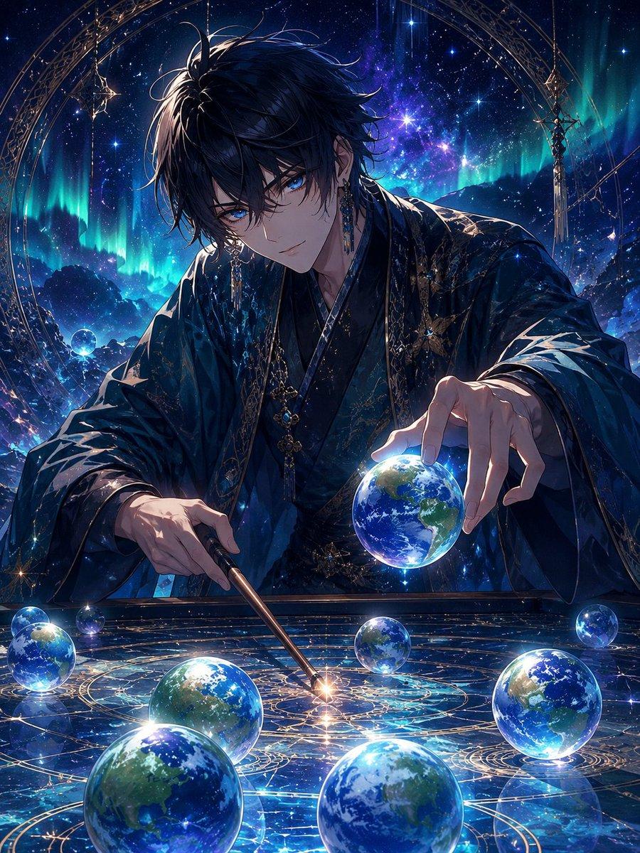 Celestial Sorcerer at Cosmic Chart Table - AI image template preview
