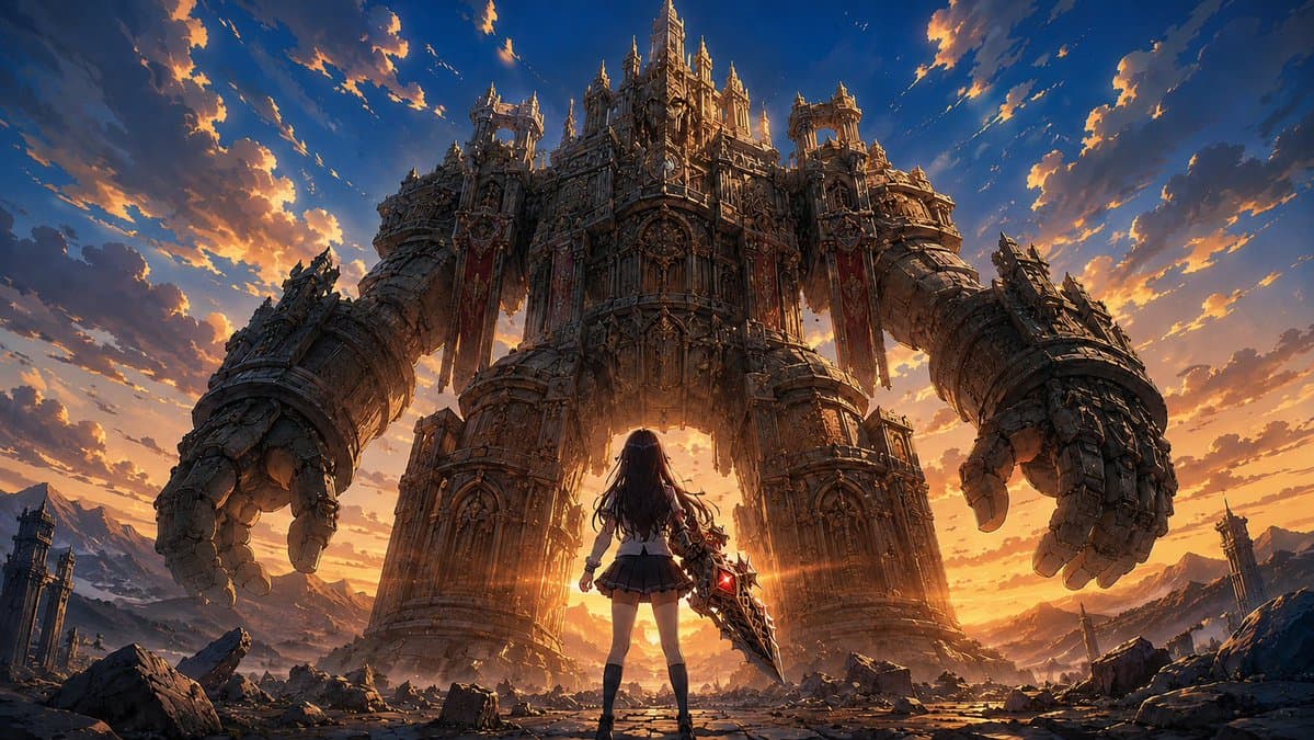 Schoolgirl Facing Cathedral Golem - AI image template preview