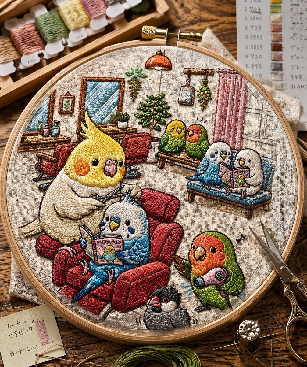 Embroidered Cozy Bird Living Room - AI image template preview