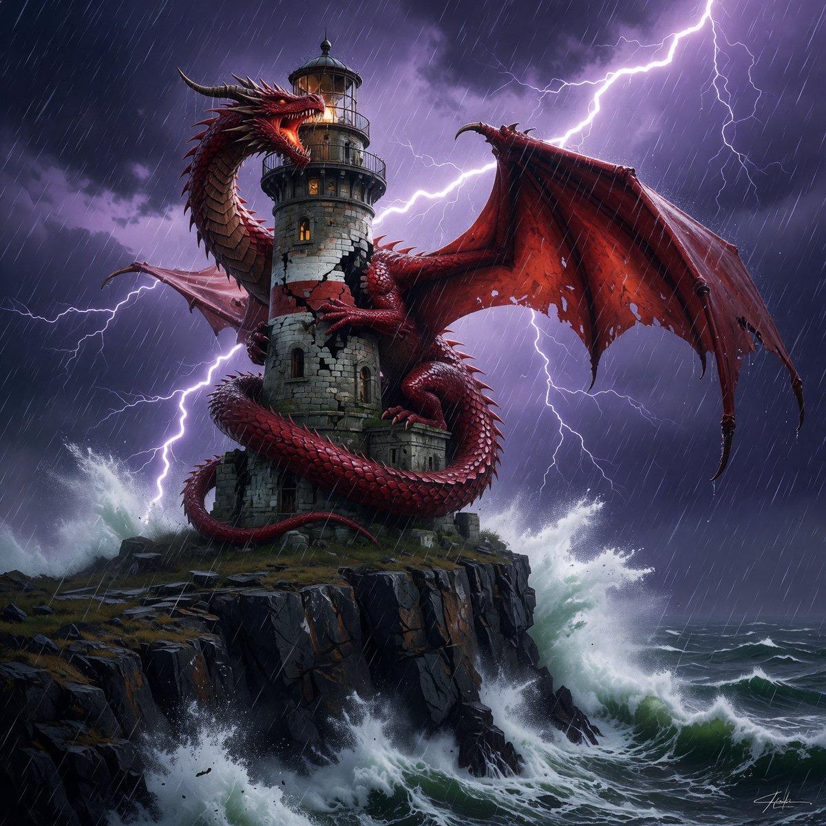 Dragon-Coiled Lighthouse Storm - AI image template preview