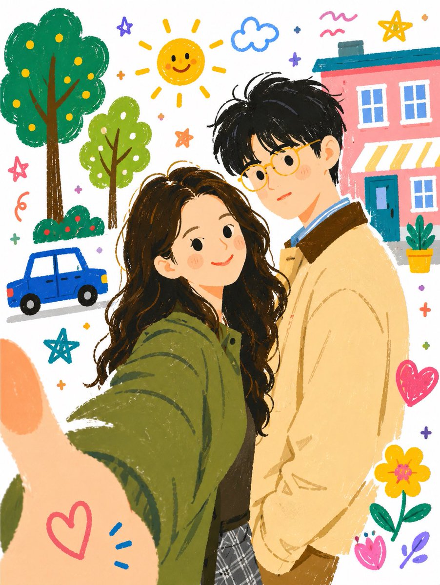 Whimsical Couple Selfie Illustration - AI image template preview