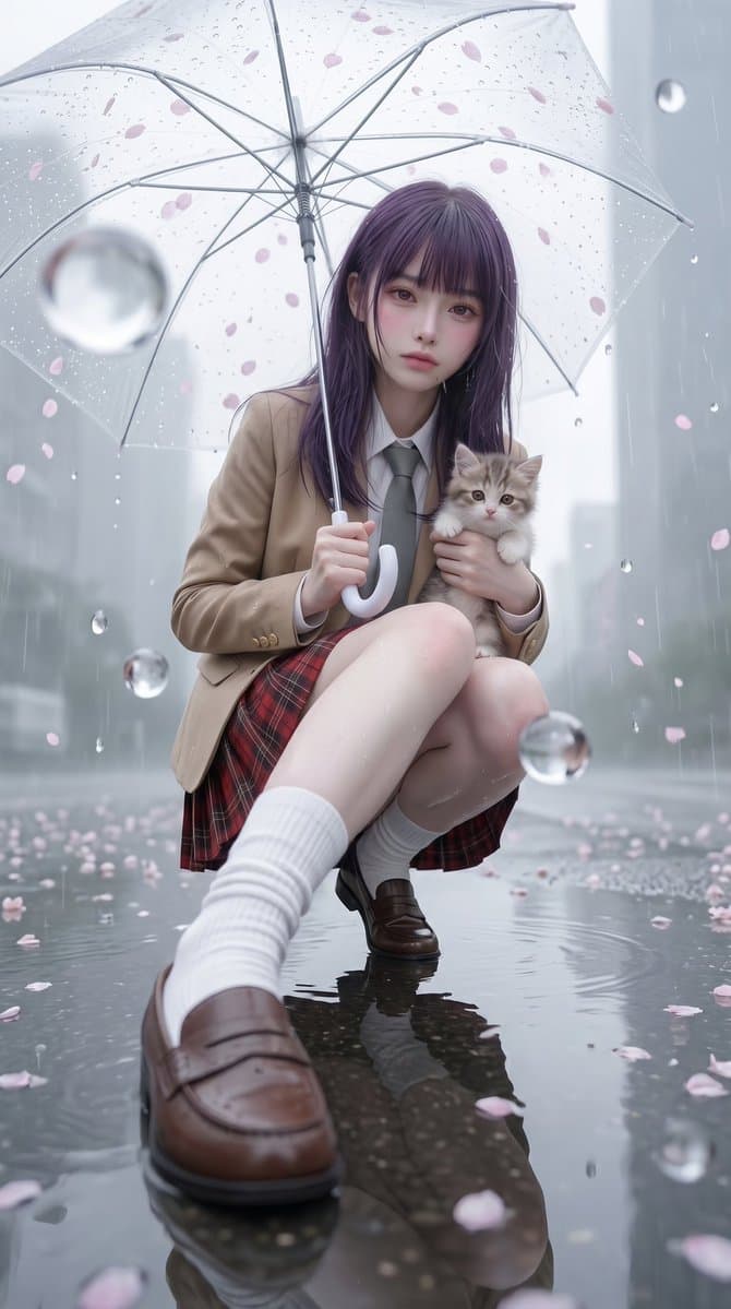 Rainy Sakura Schoolgirl Portrait - AI image template preview