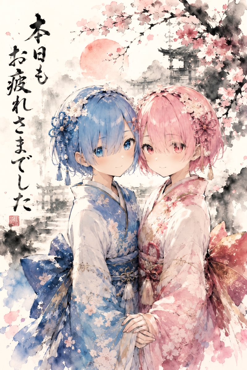 Twin Kimono Sakura Watercolor - AI image template preview