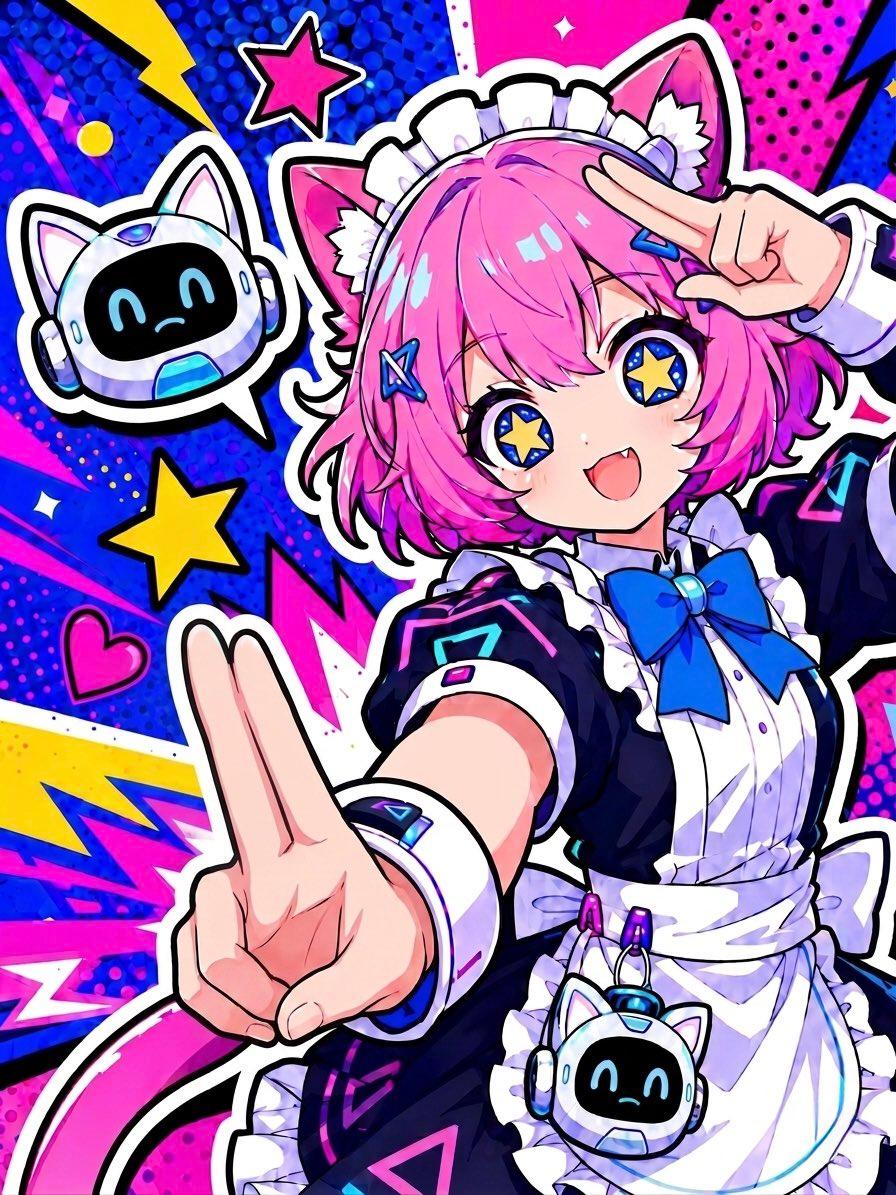 Cyber Cat Maid Peace Pose - AI image template preview