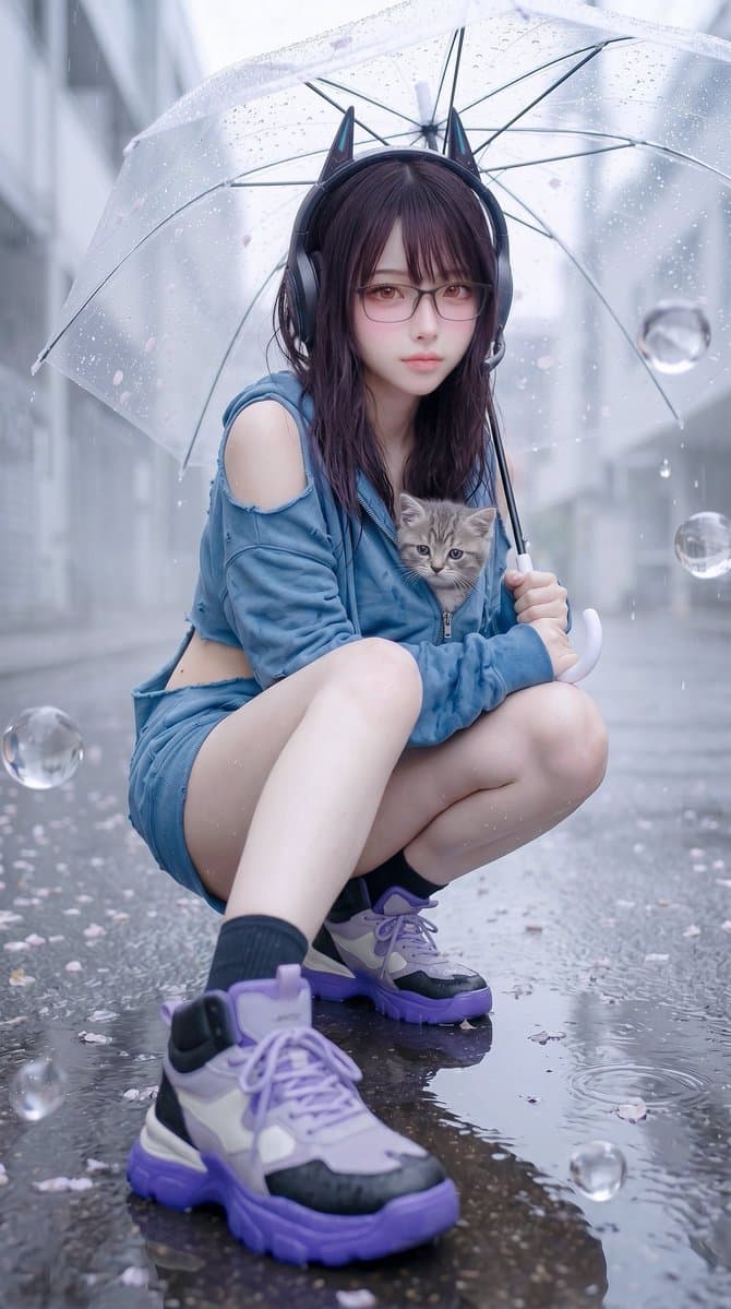 Rainy Cat-Ear Street Portrait - AI image template preview