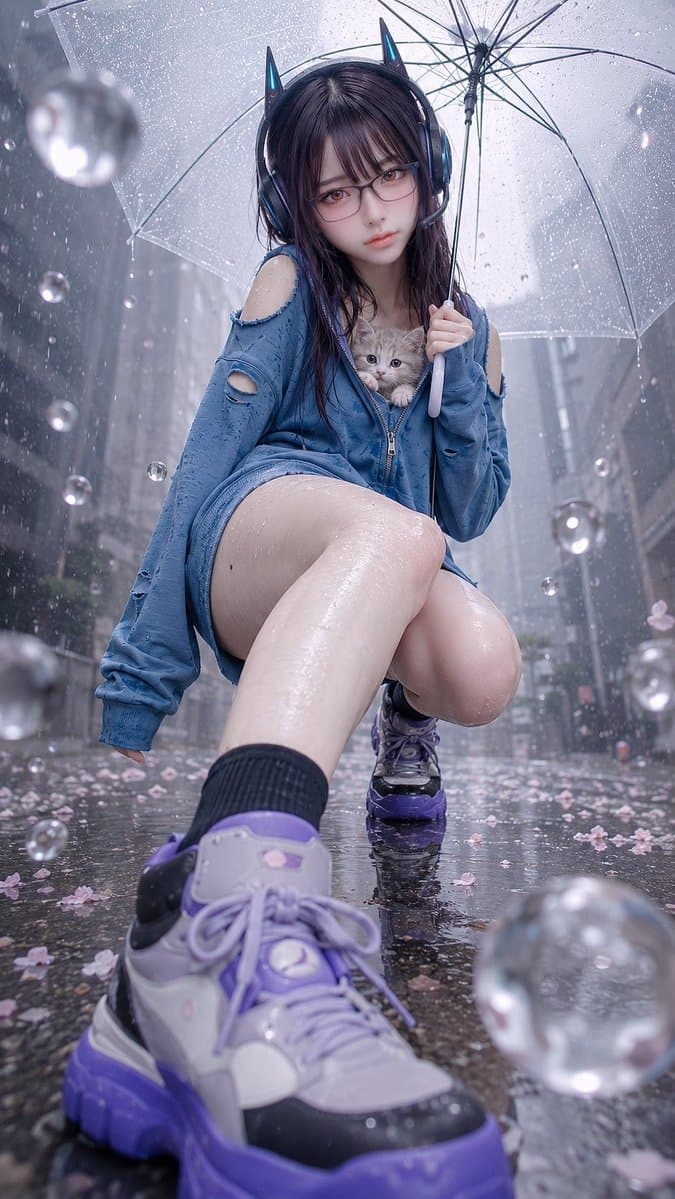 Rainy Cat-Ear Girl with Kitten - AI image template preview