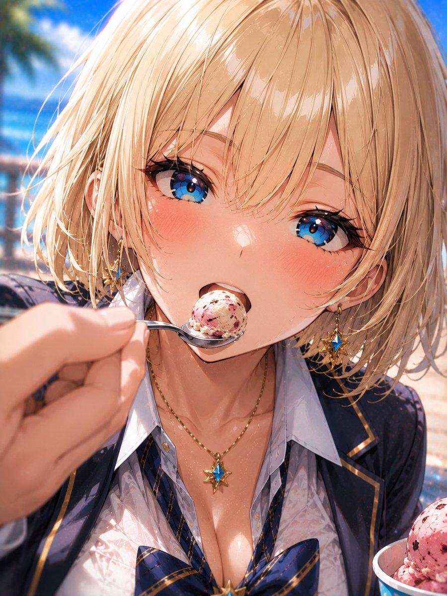 Blonde Beach Anime Girl with Ice Cream - AI image template preview