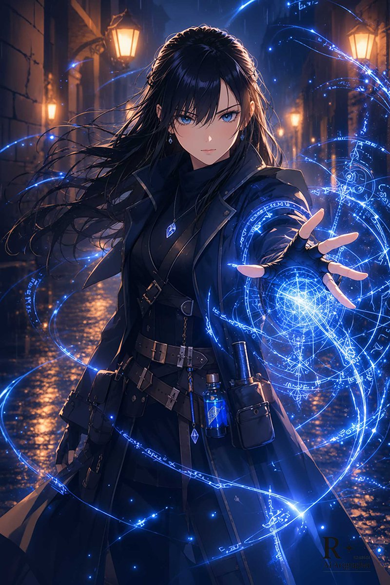 Blue Arcane Spellcaster in Rainy Alley - AI image template preview
