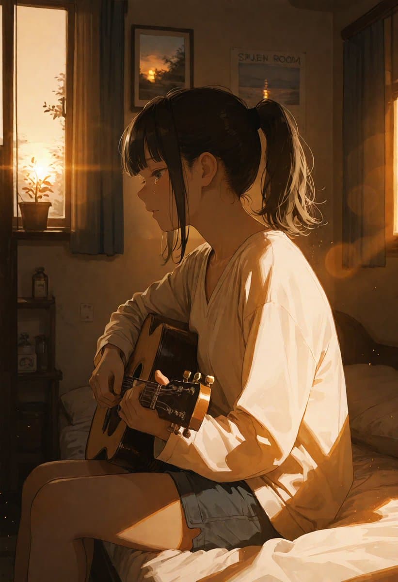Golden Hour Guitar Bedroom Scene - AI image template preview