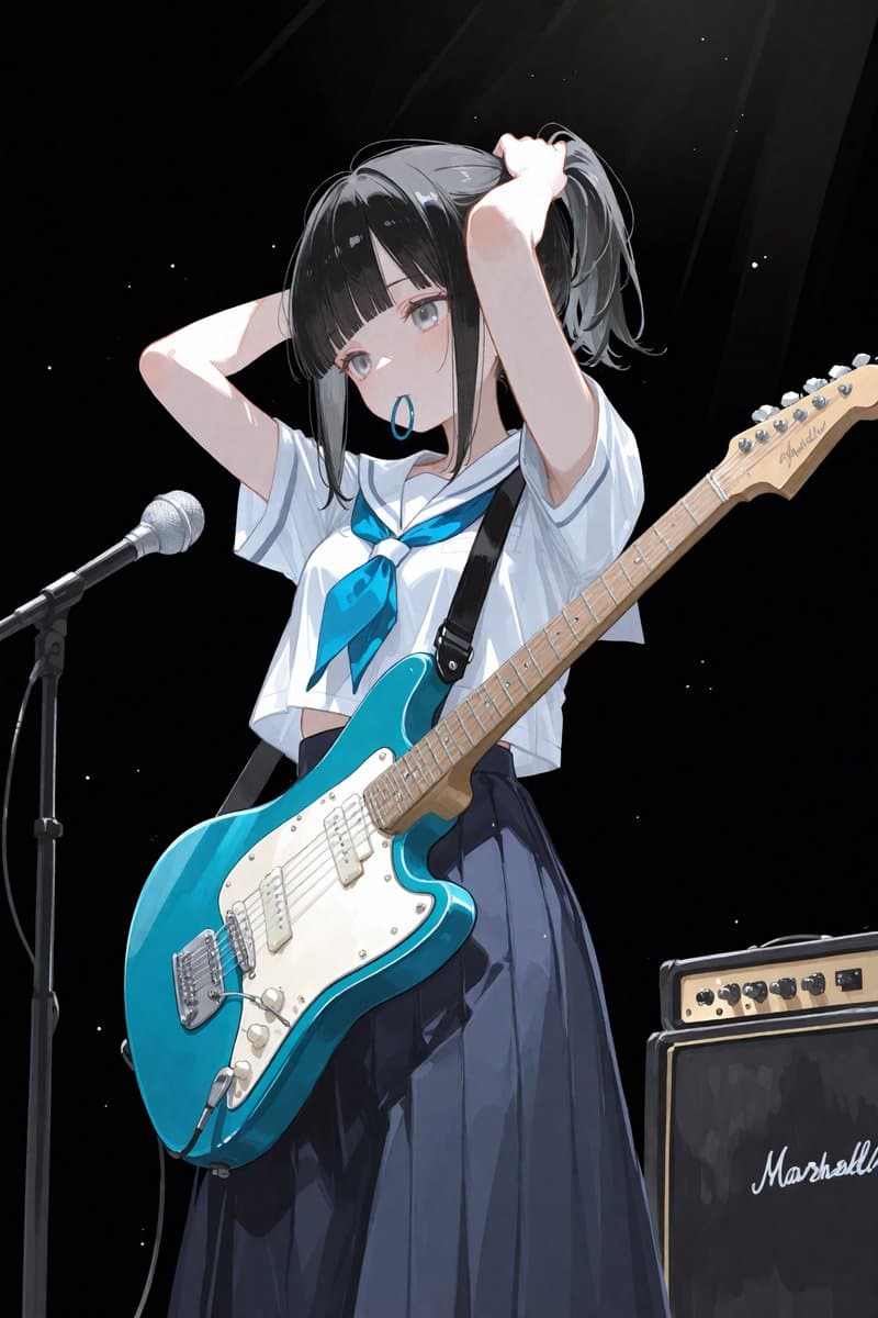 Anime Schoolgirl Guitarist on Stage - AI image template preview