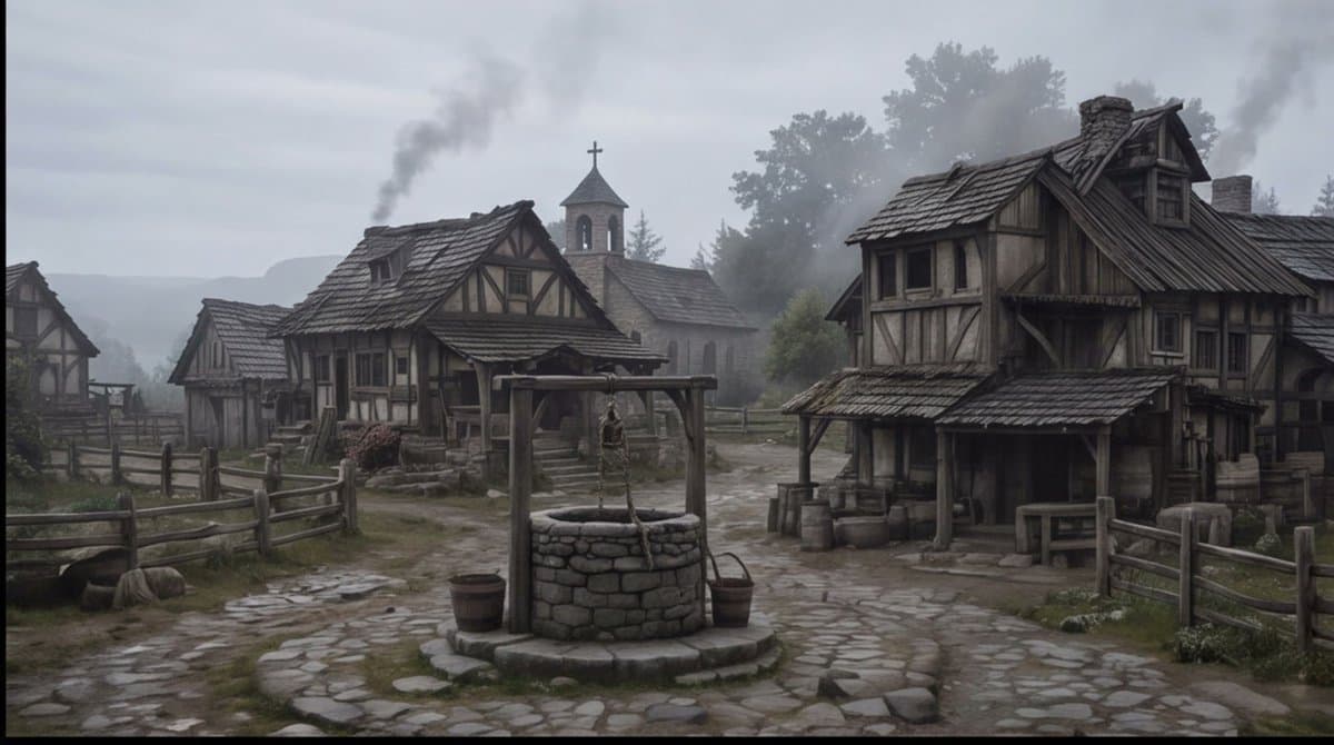 Misty Medieval Village Establishing Shot - AI image template preview
