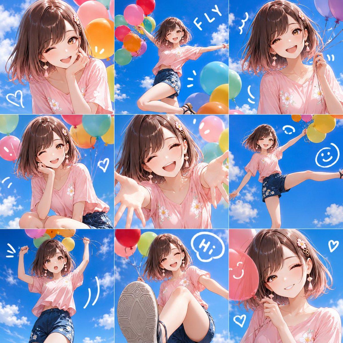 Nine-Panel Summer Balloon Anime Collage - AI image template preview