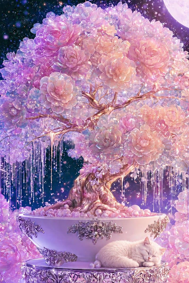 Cosmic Flowering Bonsai with Sleeping Cat - AI image template preview