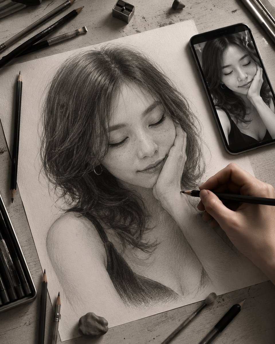 Late-Night Graphite Portrait Workspace - AI image template preview