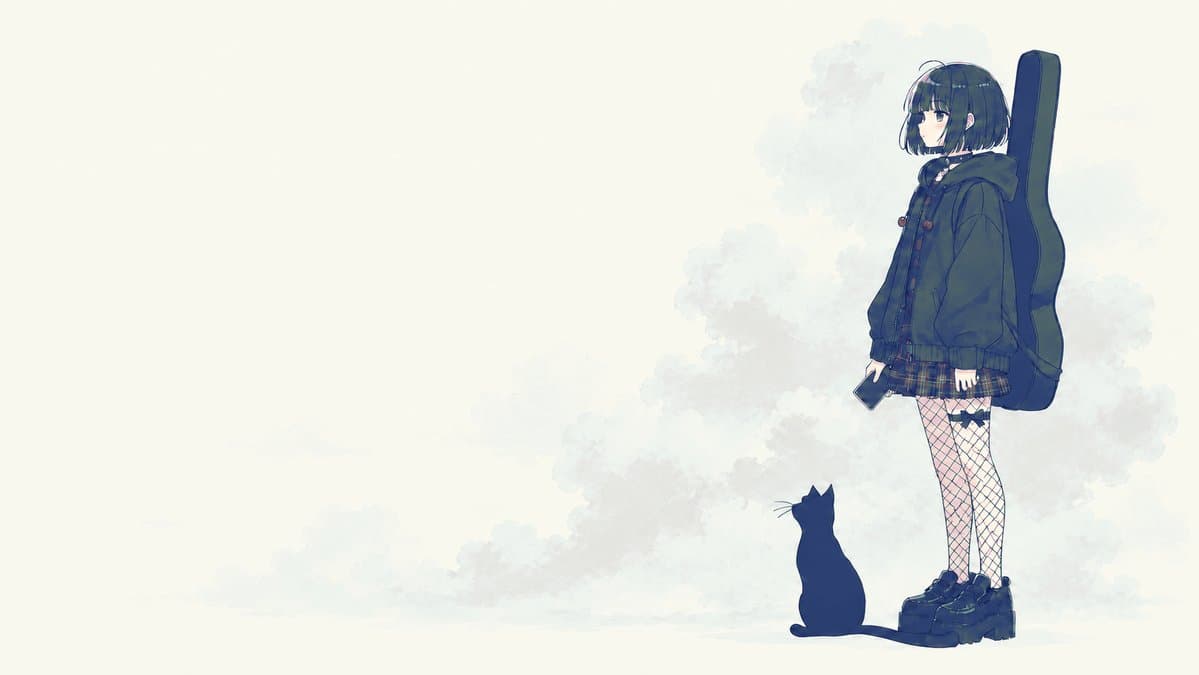 Melancholic Guitar Girl and Cat - AI image template preview