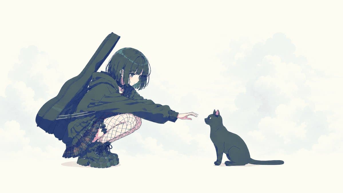 Anime Girl Reaching Toward Cat - AI image template preview