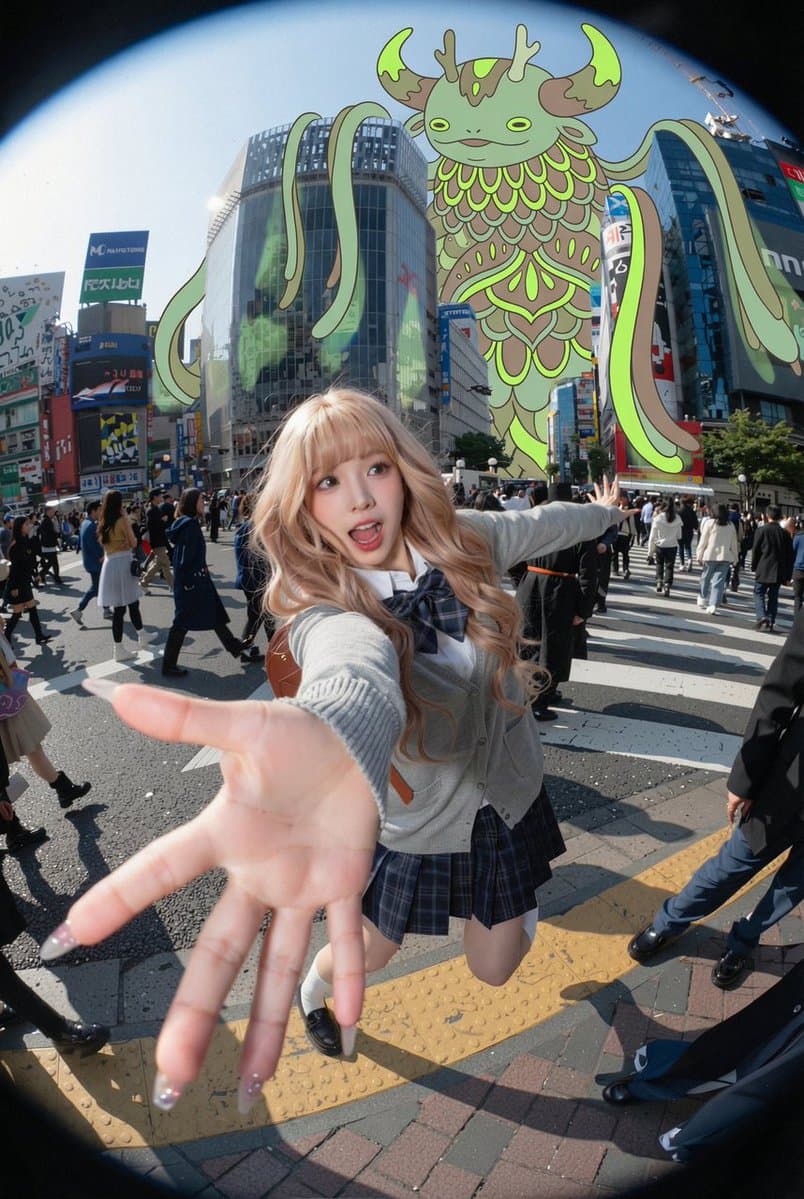 Fisheye Shibuya Yokai Selfie - AI image template preview