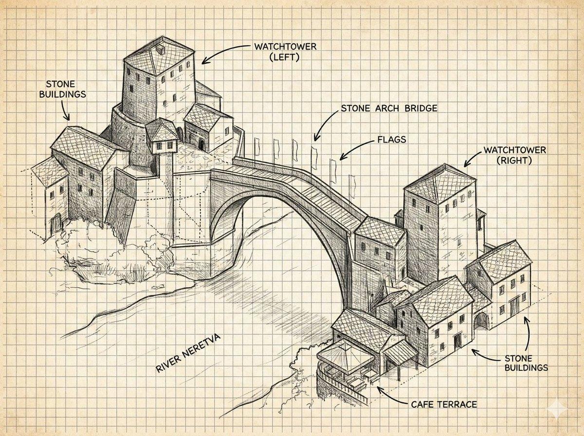 Annotated Stone Arch Bridge Sketch - AI image template preview