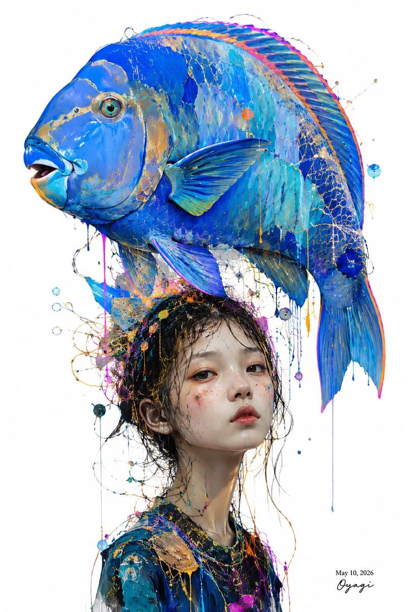 Surreal Blue Fish Hat Portrait - AI image template preview