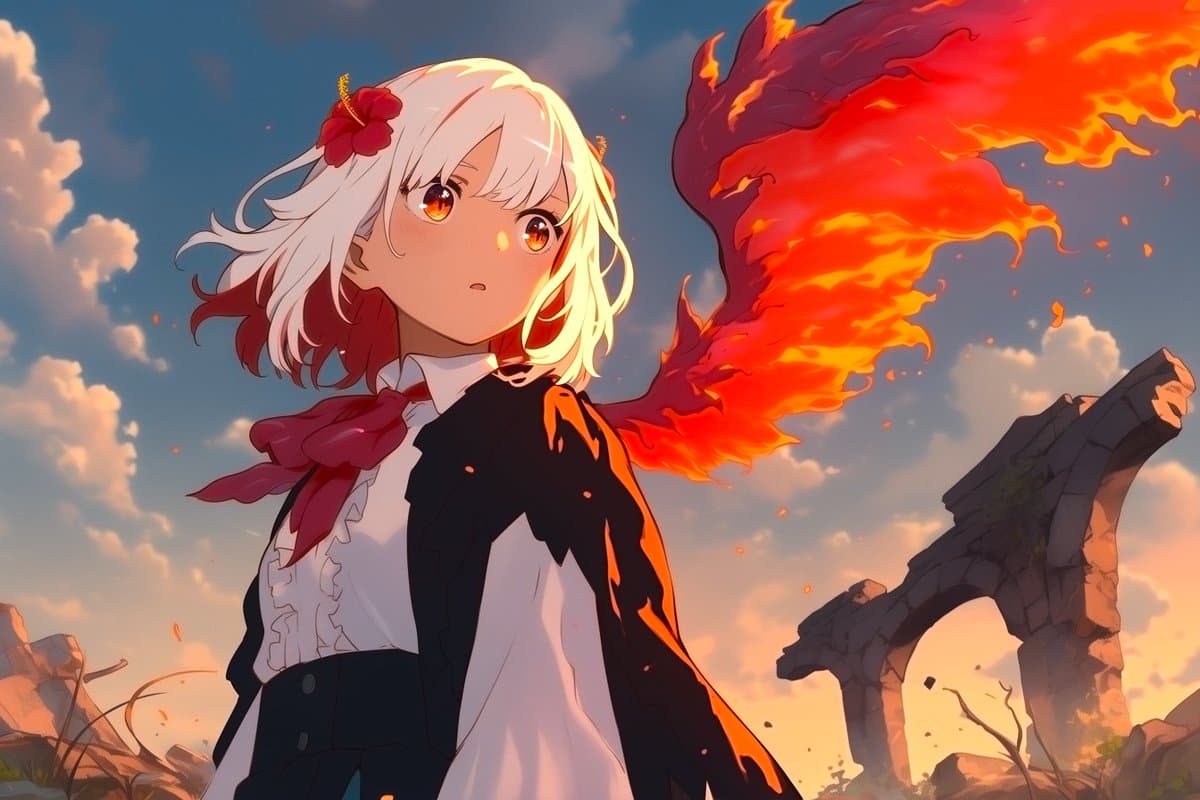 Anime Phoenix Girl Ruins Scene - AI image template preview