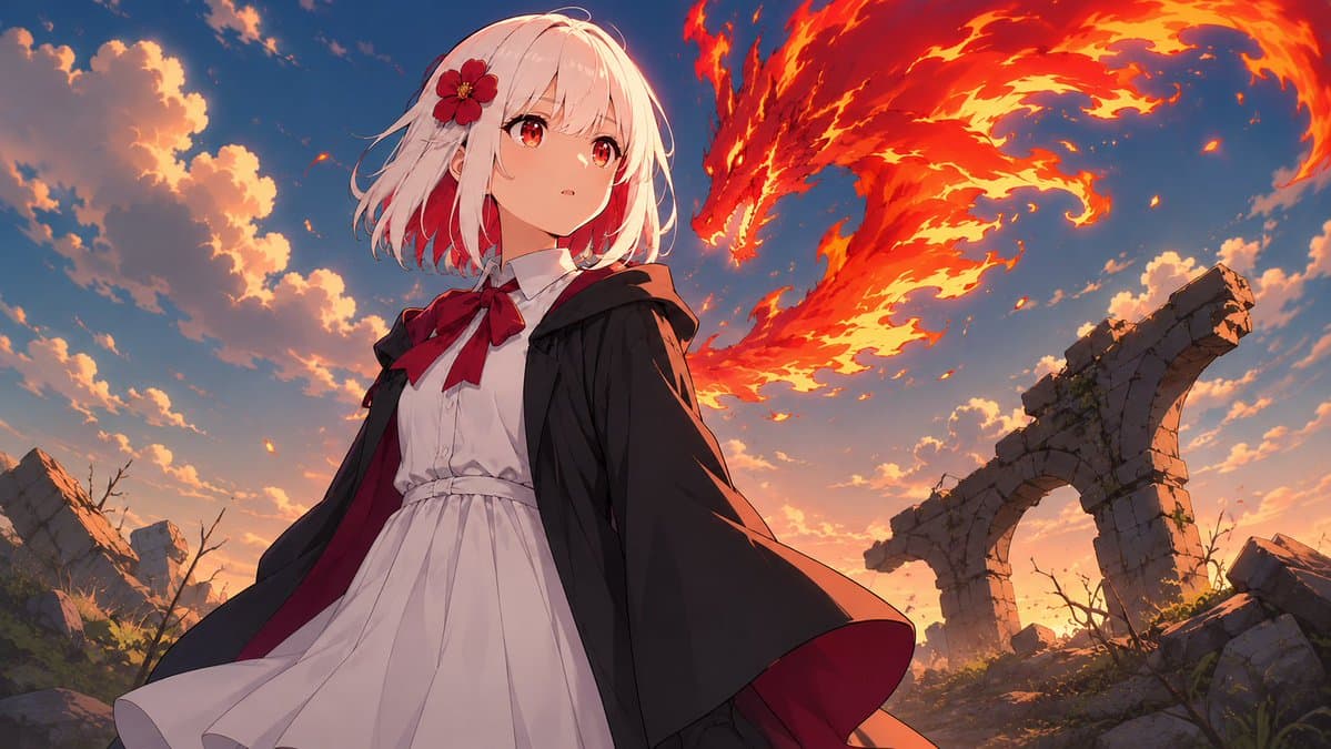 Anime Mage and Fire Dragon Ruins - AI image template preview