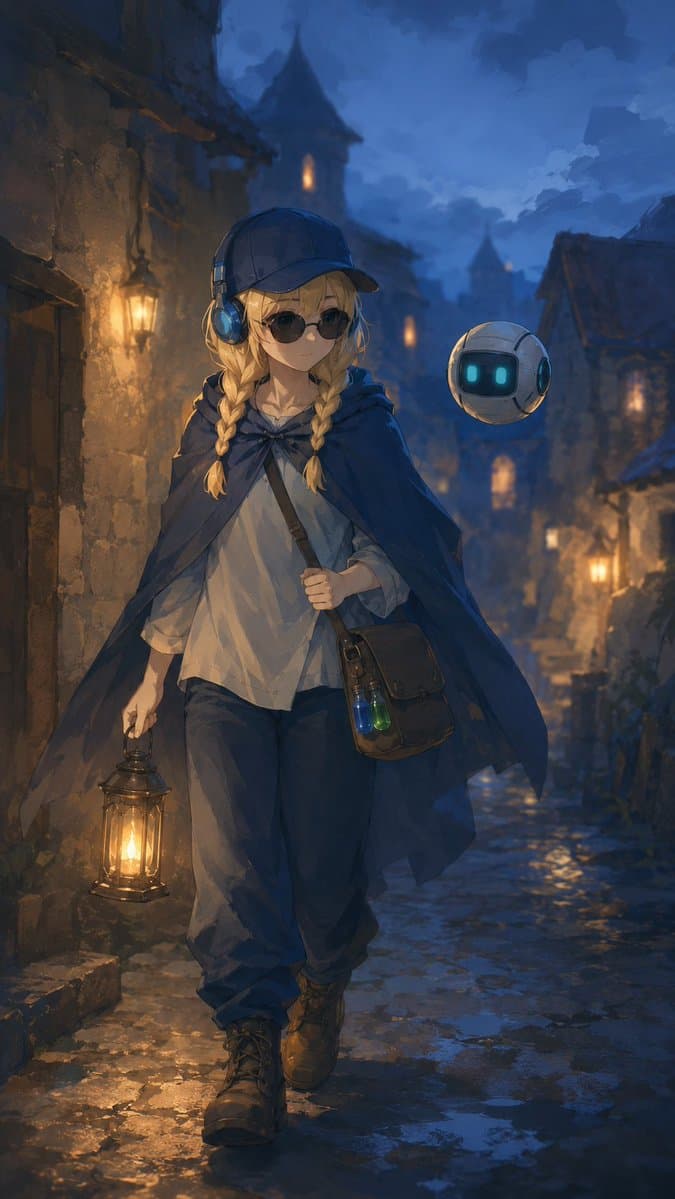 Traveling Alchemist in Rainy Fantasy Alley - AI image template preview