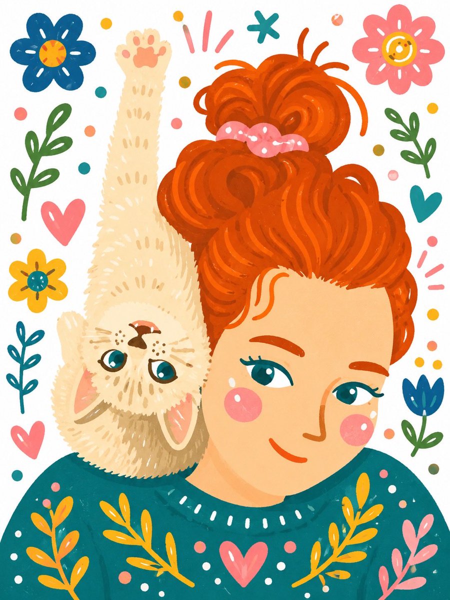 Whimsical Hand-Painted Girl with Kitten Illustration - AI image template preview