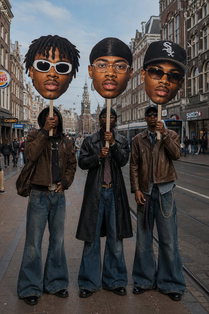 Surreal Fashion Street Scene with Oversized Heads - AI image template preview