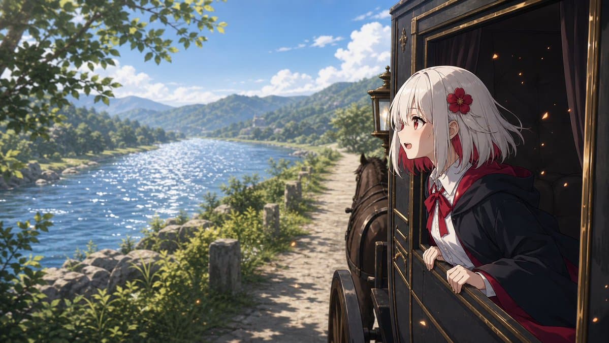 Scarlet Mage Riverside Carriage Journey - AI image template preview