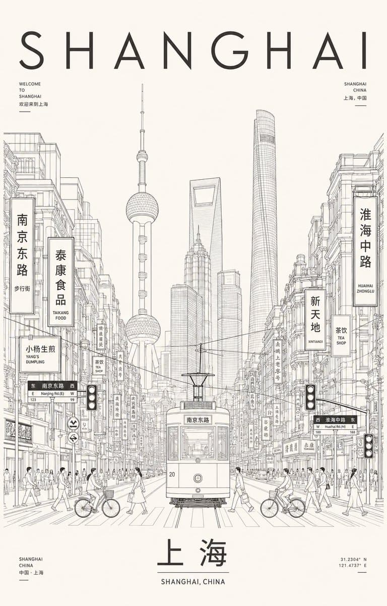 Minimalist Shanghai Line Art Poster - AI image template preview