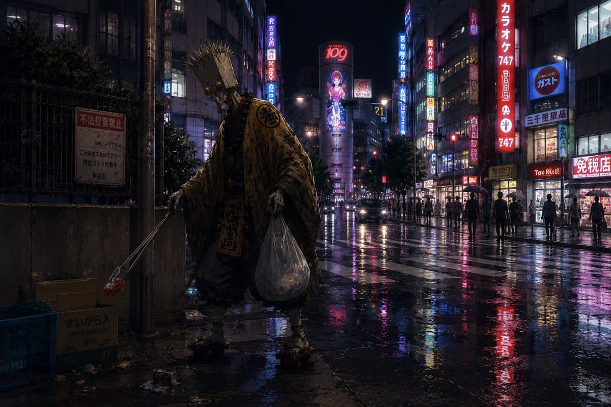 Ascetic Monk Cleaning Neon Tokyo - AI image template preview