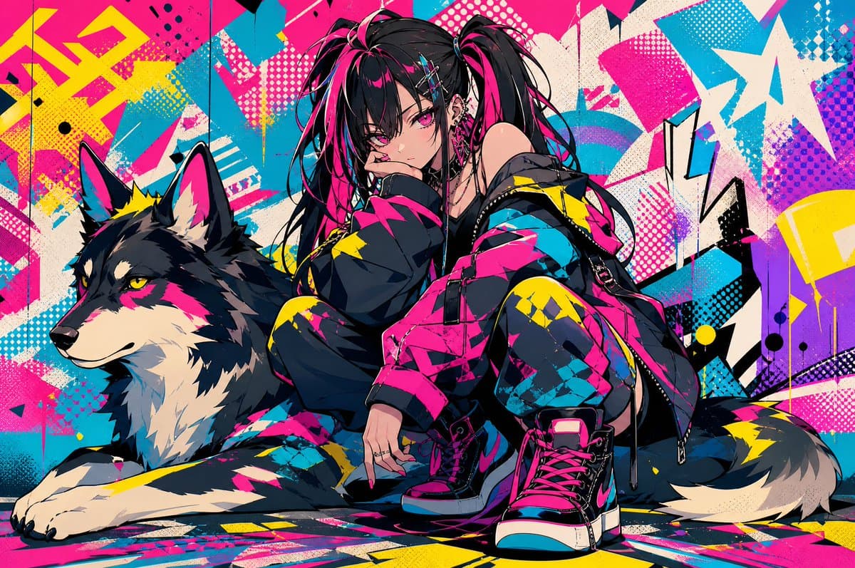 Neon Punk Girl with Husky - AI image template preview