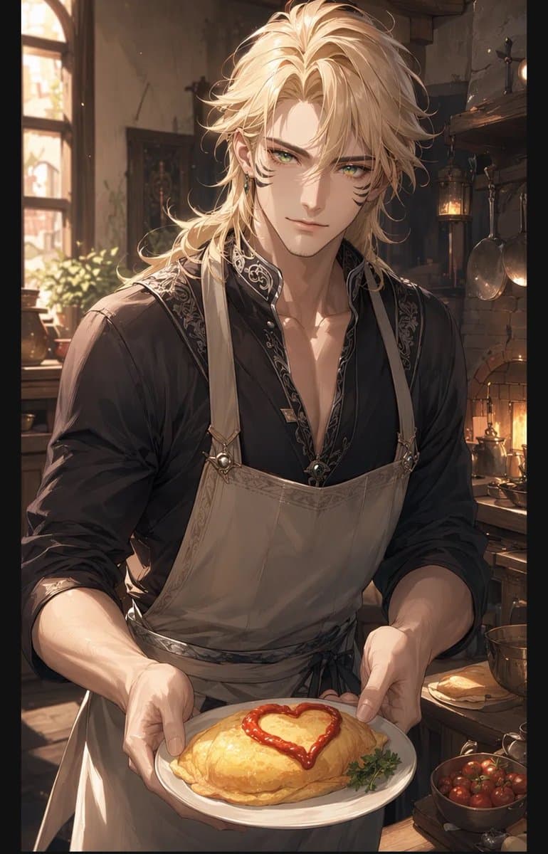 Blond Apron Man Serving Heart Omurice - AI image template preview
