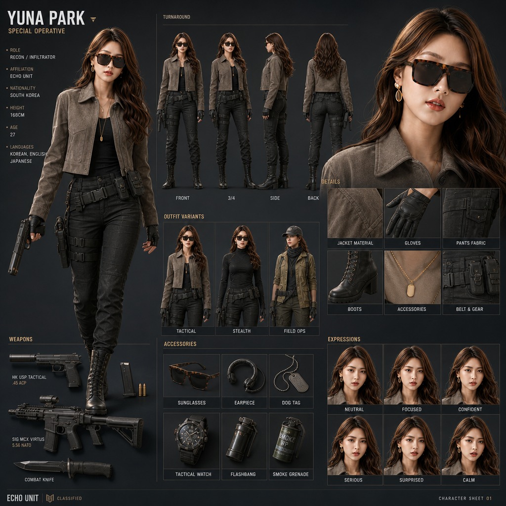 Yuna Park Tactical Character Sheet - AI image template preview