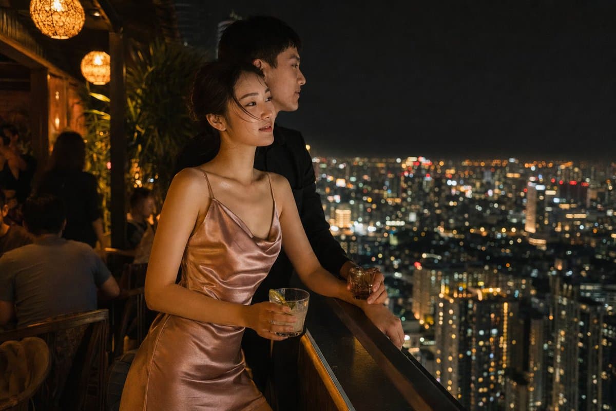 Rooftop Bar Night Cityscape Couple - AI image template preview