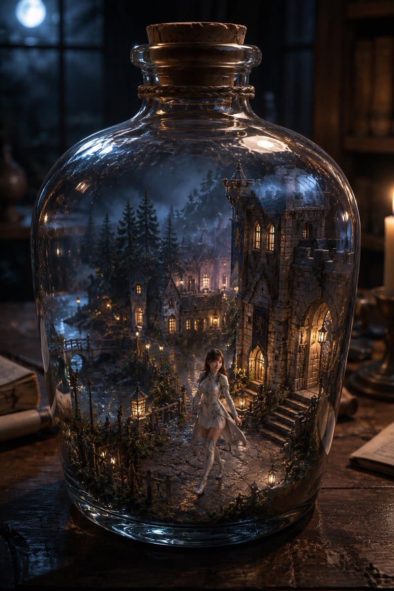 Miniature Fantasy Village in a Glass Bottle - AI image template preview