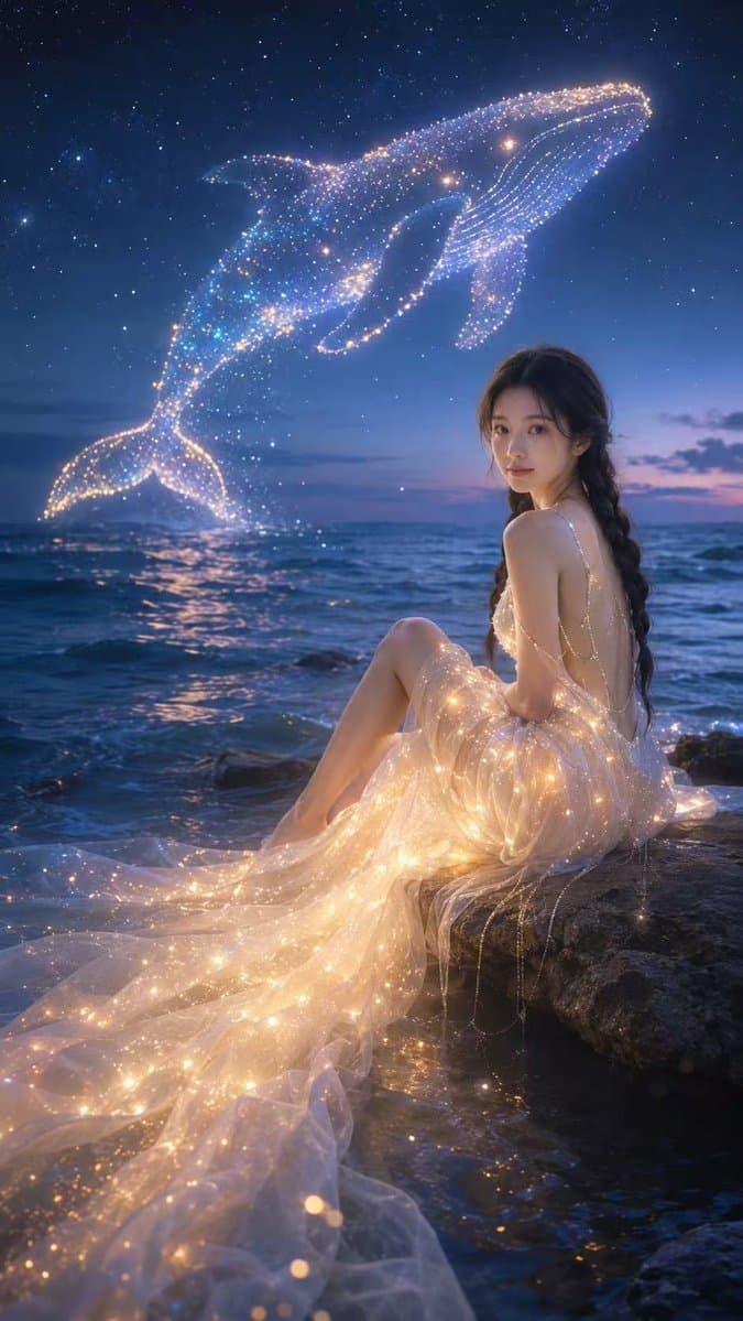 Starlit Whale Fantasy Seaside Portrait - AI image template preview
