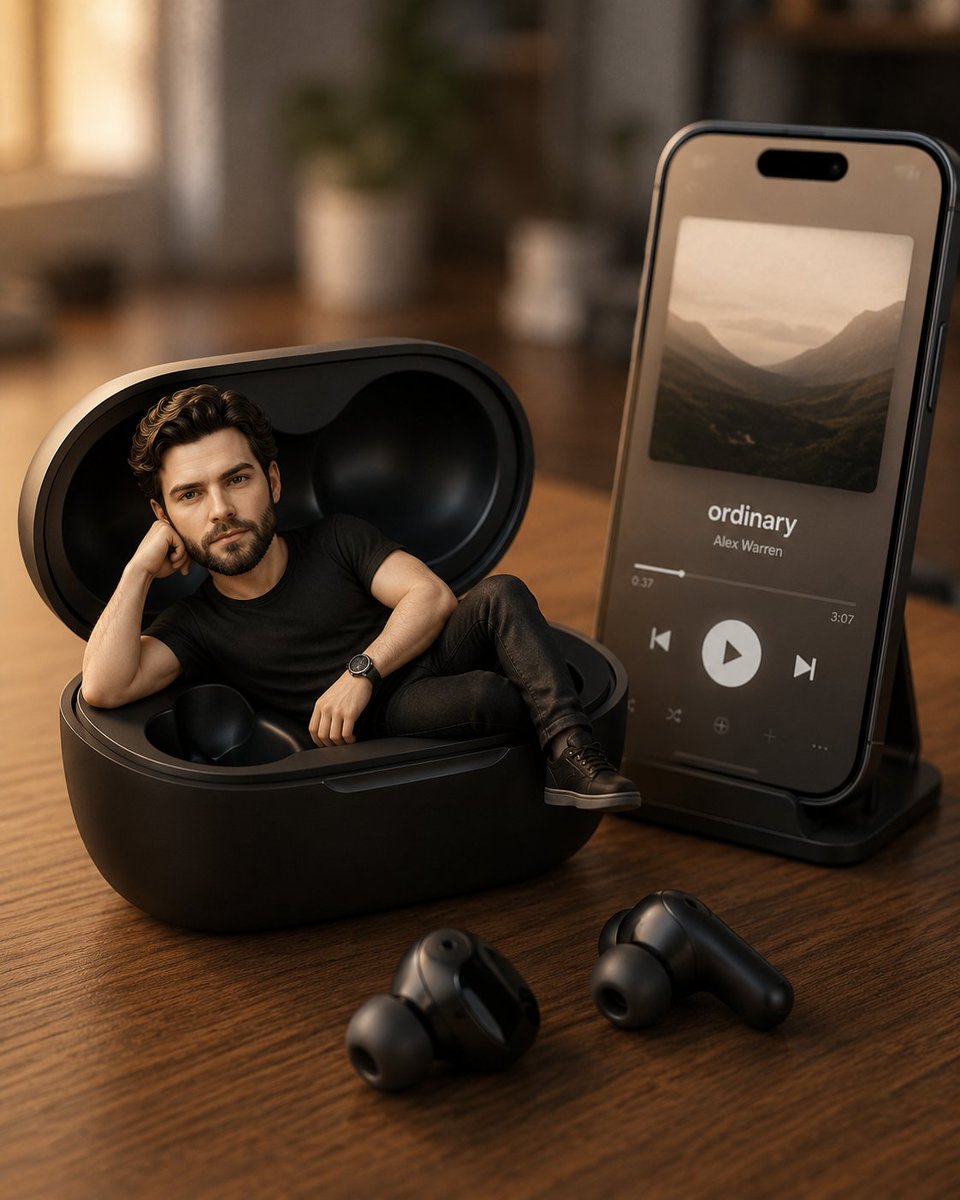 Pixar-Style Earbuds Miniature Scene - AI image template preview
